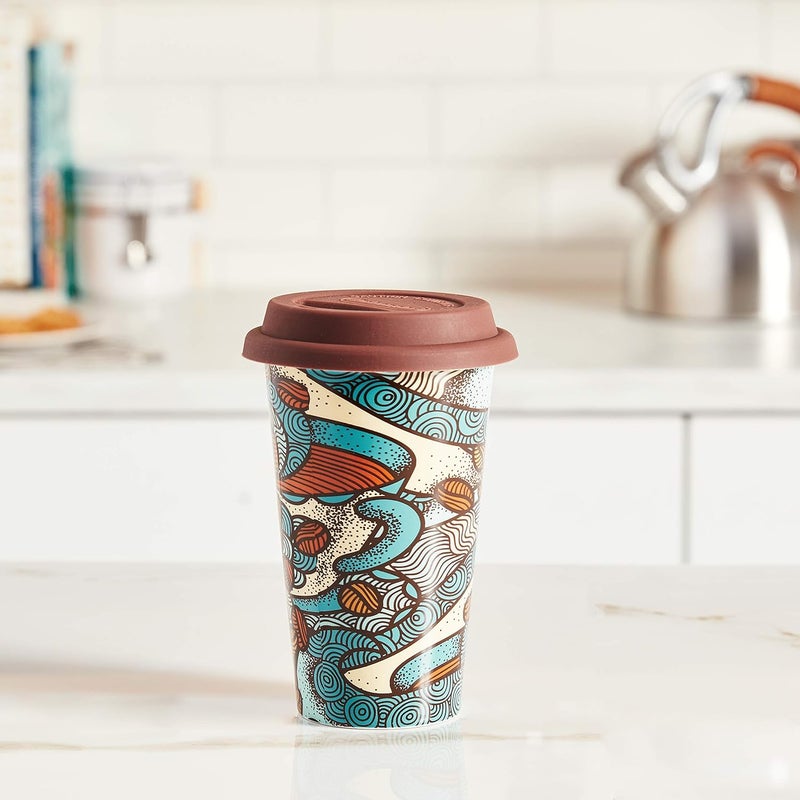 De'Longhi Double-Wall Ceramic Mug 300ml - Handmade Thermal Mug with Silicone Lid, Keeps Drinks Warm Longer, Microwave and Dishwasher Safe, Geometric Pattern, Brown DLSC055 - Image 5